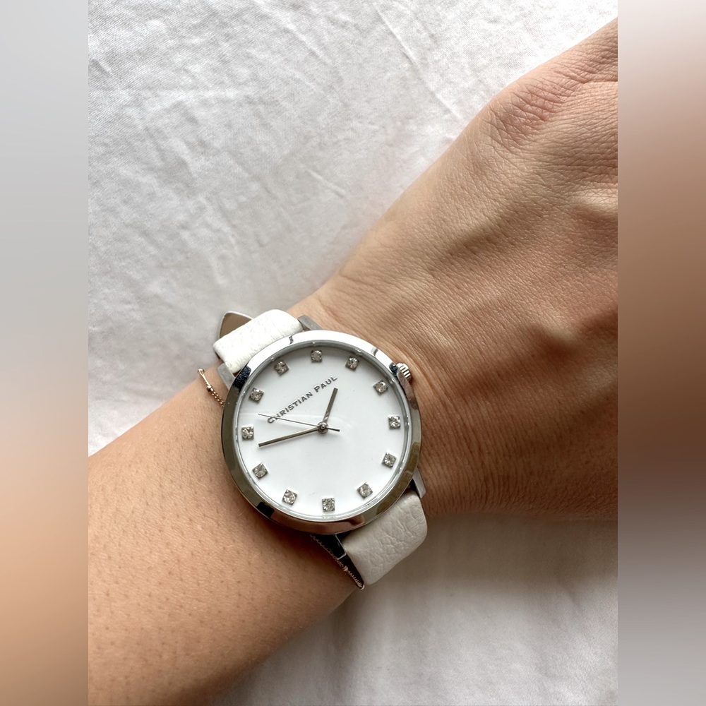 WHITE LEATHER AND CRYSTAL WATCH (NEVER WORN, AUTHENTIC CHRISTIAN PAUL)